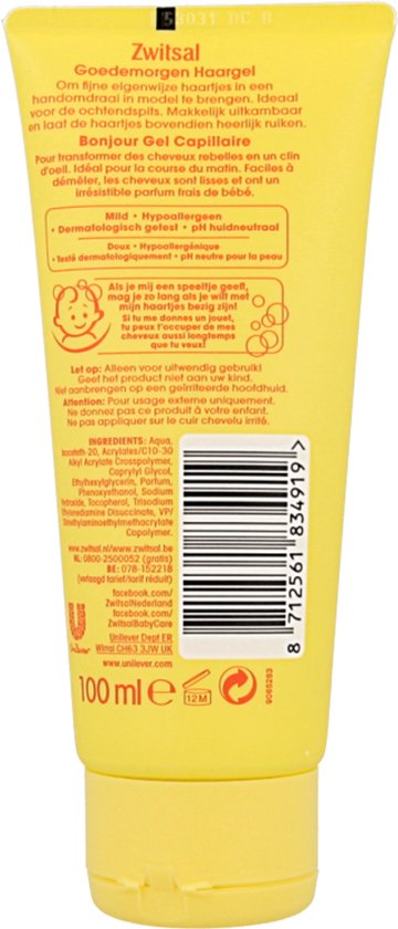 Achterkant van gele Zwitsal Goedemorgen Haargel tube met ingrediënten en barcode.