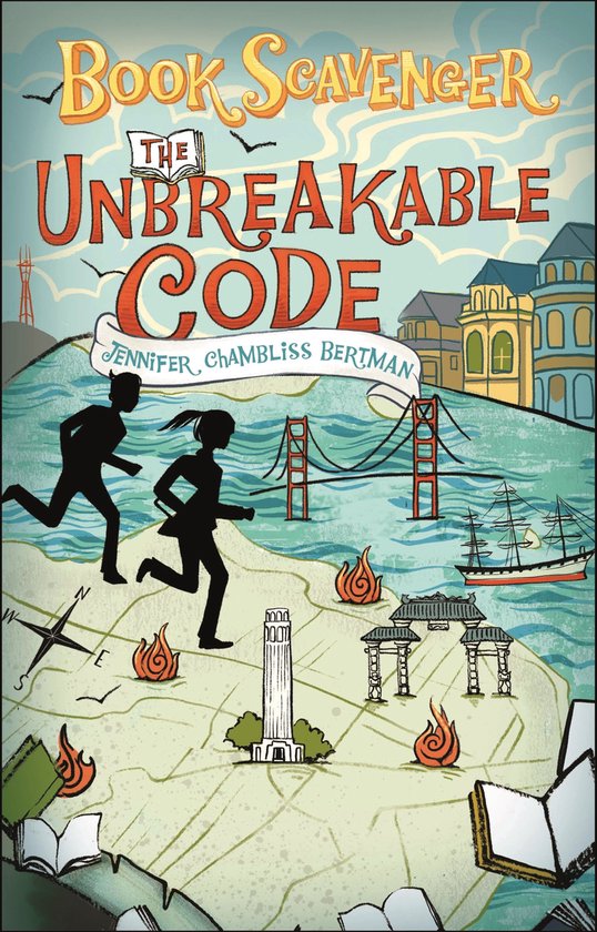 Boek kaft met 'Book Scavenger: The Unbreakable Code' in oranje letters. Twee silhouetten van kinderen rennen langs de kust met op de achtergrond de Golden Gate Bridge en een zeilboot.