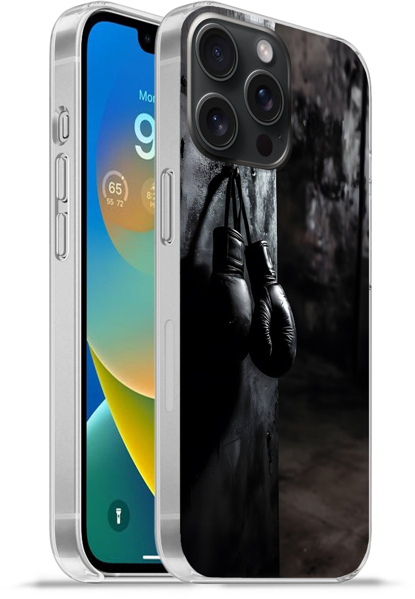Telefoonhoesje Geschikt voor iPhone 15 Pro Max hoesje - Bokshandschoenen - Muur - Duister - Zwart - Siliconen Telefoonhoesje Telefoonhoesje
