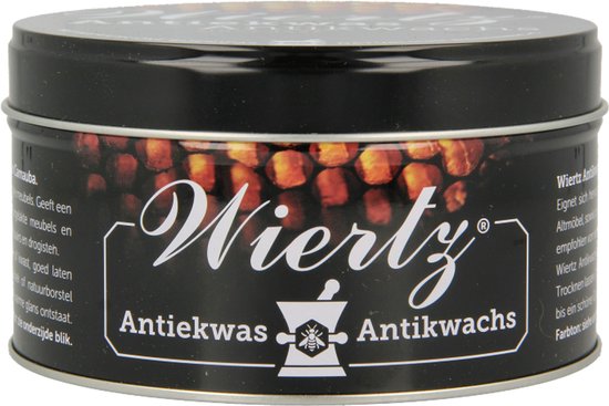 Zwart blik met Wiertz Antiekwas logo en tekst. De deksel toont een patroon van honingraten.