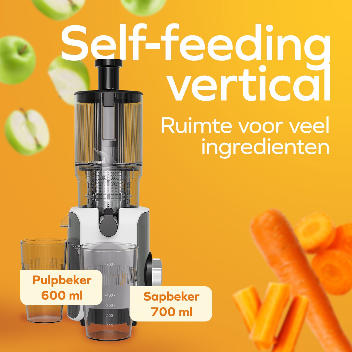 KitchenBrothers Slowjuicer - Sapcentrifuge - XXL Vulopening - Verticaal - Juicer - Groenten en Fruitpers - 126 mm - 750 ml - Pearl White / Wit thumbnail 3