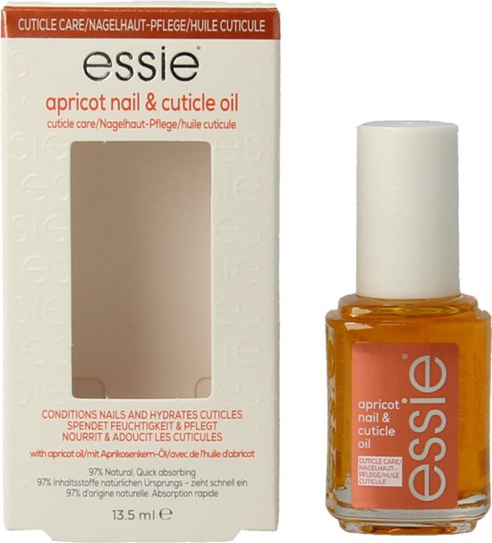 Essie apricot nail & cuticle oil verpakking met een uitgesneden venster waar een flesje met oranje olie zichtbaar is.