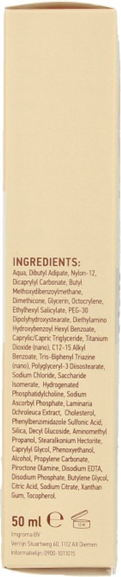 Achterkant van de Vision Face Fluid verpakking met ingrediëntenlijst.