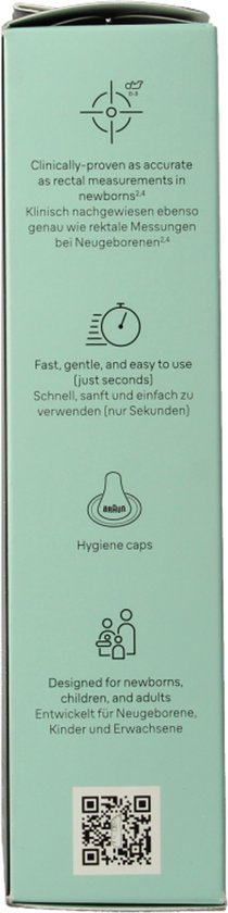 Zijde van de productdoos met pictogrammen: nauwkeurigheid, snelheid, hygiëne en doelgroep.
