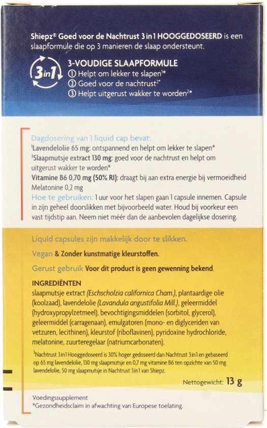Achterkant van de doos Shiepz Nachtrust 3 in 1 Hooggedoseerd met ingrediënten, dosering en gebruiksaanwijzing.