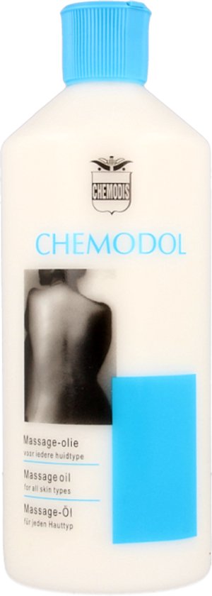 Witte fles CHEMODOL massageolie met blauwe dop. Het etiket toont een rug, tekst en een blauw vlak.
