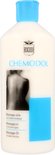 Witte fles CHEMODOL massageolie met blauwe dop. Het etiket toont een rug, tekst en een blauw vlak.