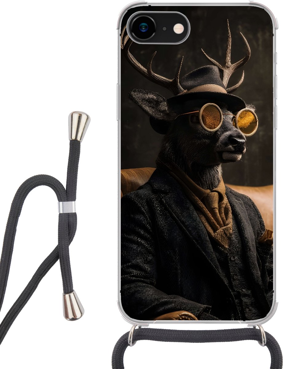 Telefoonhoesje Geschikt voor iPhone 7 - Hert - Zonnebril - Zwart - Pak - Siliconen - Crossbody - Backcover met Koord - Telefoonhoesje met koord - Hoesje met touw Telefoonhoesje