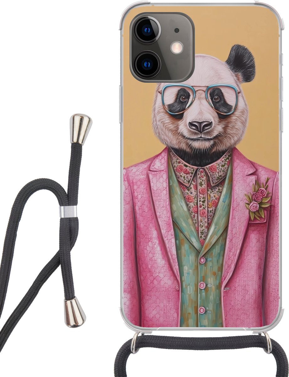 Telefoonhoesje Geschikt voor iPhone 12 - Panda - Pak - Zonnebril - Blauw - Siliconen - Crossbody - Backcover met Koord - Telefoonhoesje met koord - Hoesje met touw Telefoonhoesje