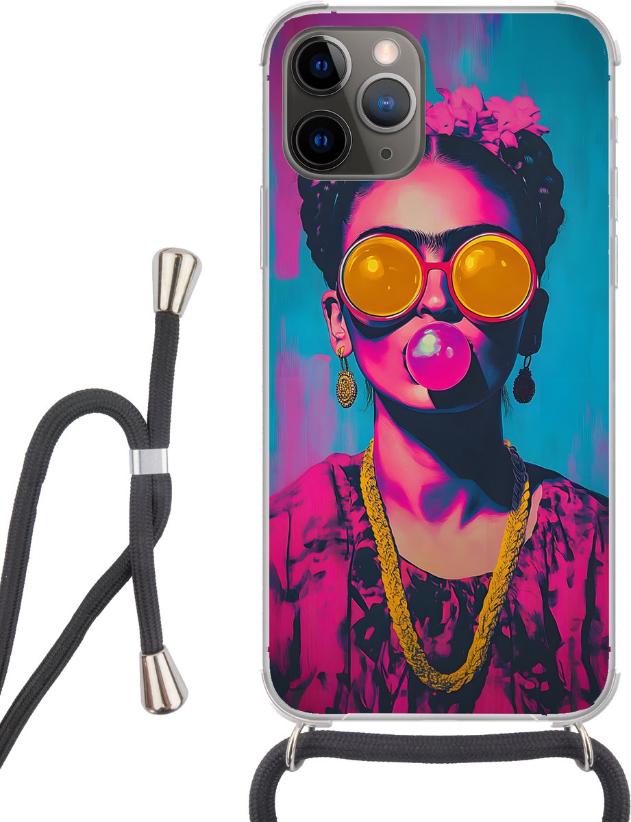 Telefoonhoesje Geschikt voor iPhone 11 Pro - Vrouw - Kauwgom - Zonnebril - Oranje - Siliconen - Crossbody - Backcover met Koord - Telefoonhoesje met koord - Hoesje met touw Telefoonhoesje