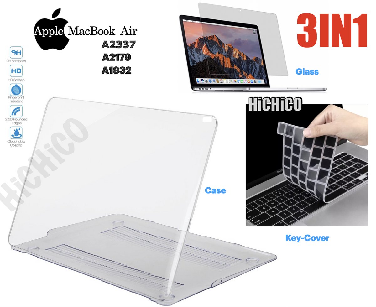 Hoesje Geschikt voor MacBook Air 13 inch - MacBook Air 13 inch hoes + Scherm beschermer en Toetsenbordafdekking - MacBook Air 2019 13 inch hardcase - MacBook Air 13 inch beschermglas - MacBook Air A1932 / A2179 / A2337