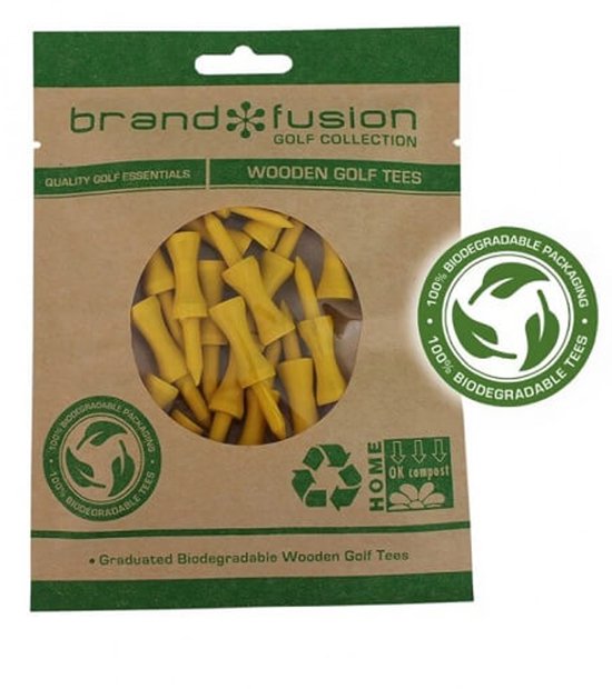 Verpakking met 20 graduele gele houten golf tees, 100% biologisch afbreekbaar.