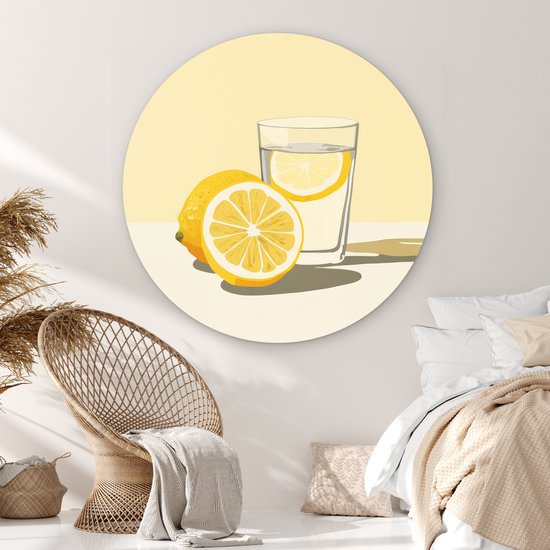 WallCircle® Wandcirkel 120x120 cm - Muurcirkel Glas - Citroenschijfjes - Geel - Muurdecoratie woonkamer - Wanddecoratie slaapkamer - Kamer decoratie accessoires - Ronde schilderijen XXL