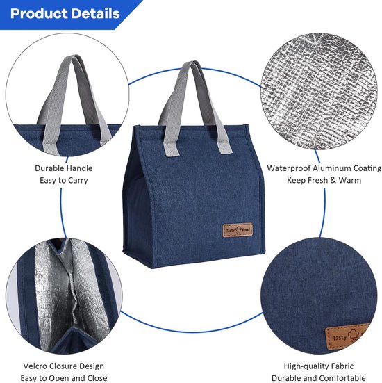 Koeltassen - 22 x 13 x 25 cm - Geïsoleerde lunchtas - Lsolatie - Handvat riem - Koeltas - Herbruikbare - Lunchtas - Lunch bag - Geïsoleerde koeltas - Picknicktas - Geschikt voor werk, kantoor, reizen - Blauw van Merkloos — afbeelding 5
