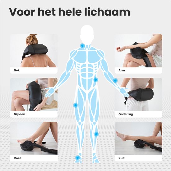 Demonstratie van de massager in gebruik voor nek, arm, dijbeen, onderrug, voet en kuit.