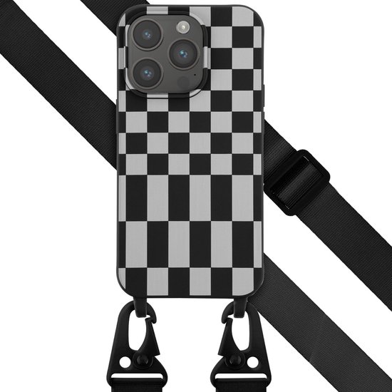 Coque pour iPhone 14 Pro - Coque design Selencia en Siliconen avec cordon détachable - Zwart / Carreaux irréguliers Noir
