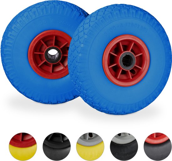 roue de chariot manuel relaxdays 2 pièces - 25 mm - plastique - jante pneu anti-crevaison - 3.00-4 pouce rouge Blauw