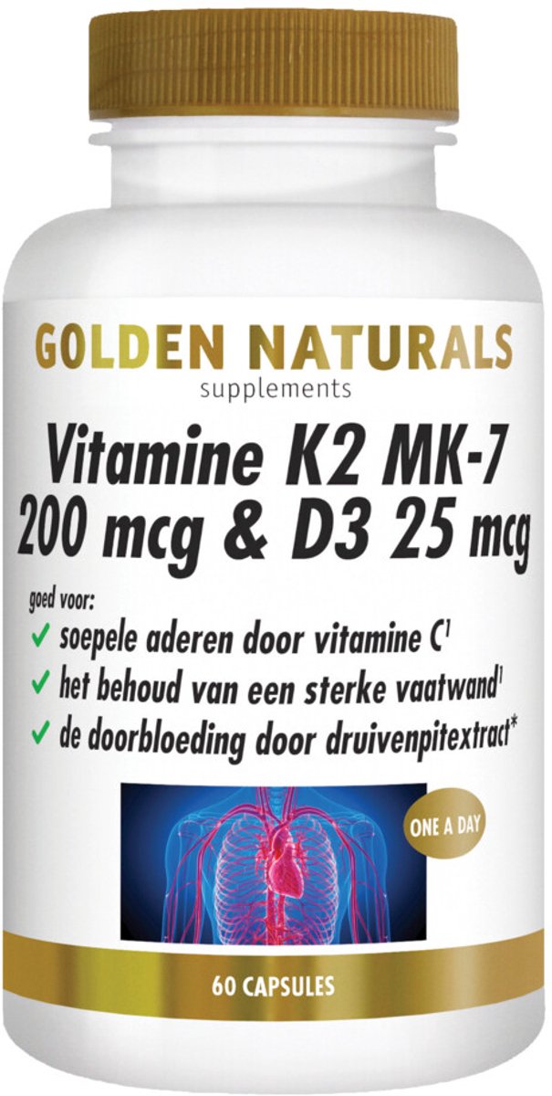 Golden Naturals - Vitamine K2 200 mcg & D3 25mcg - 2 x 60 vegacapsules - Voordeelverpakking