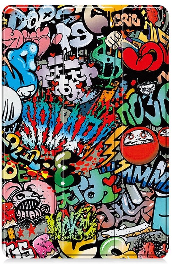 Zwarte tablethoes met een kleurrijke, gedetailleerde graffiti print.
