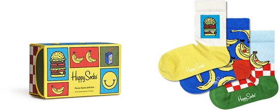 Gele, blauwe en groene sokken met bananen-, hamburger- en drankprint, met cadeauverpakking.