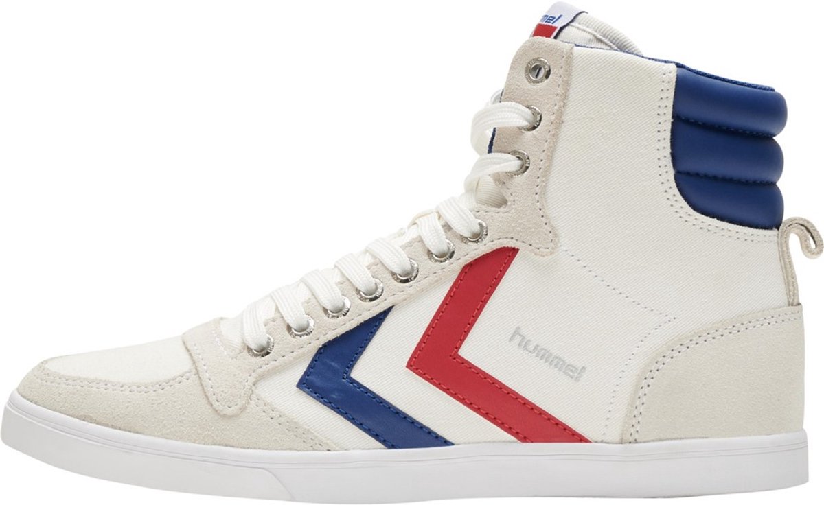 Hummel Slimmer Stadil High sneakers in wit, blauw en rood met gumrubberen zool, perfect voor stijl en comfort.