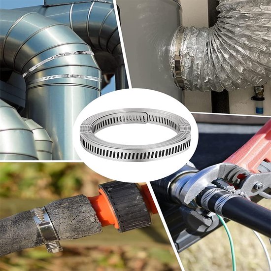 RVS Slangklemmen Set - Metalen Beugels met Schroef - 3m Band + 8 Klemmen - Verstelbare Wormschroef Slangklemmen - Voor Buis, Conduit, Duct - Zilver - 9-delig van Merkloos — afbeelding 5