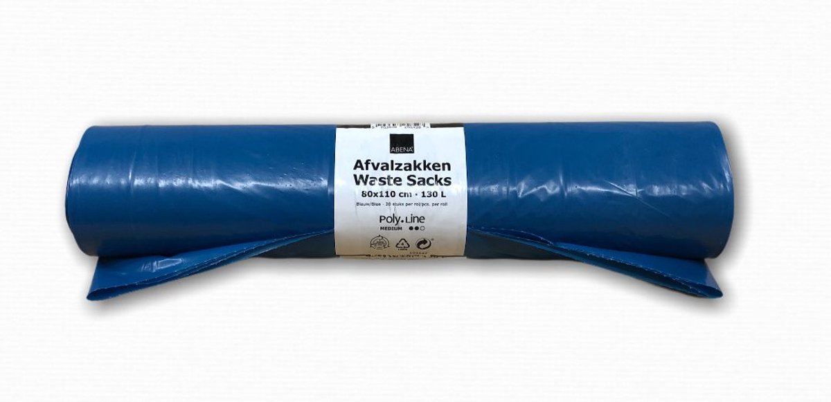 LDPE Afvalzak – Blauw – 80 x 110 cm – T60 / 43 micron – 130 liter – 100% Gerecycled – 10 rollen per doos