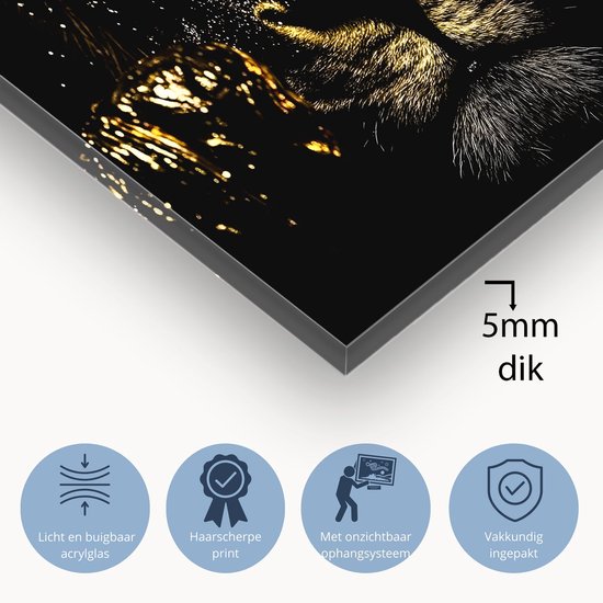 Décoration murale de Luxe lion doré - Peinture lion sur verre - Art or - Hyperréalisme - Acrylique - Décoration murale - verre acrylique 105x70 cm