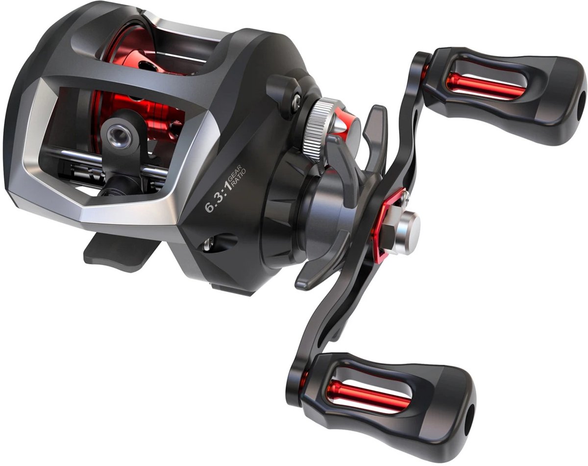 Baitcasting Reel - Vismolen Links - 12+1 Kogellagers - Magnetisch Remsysteem - Hoge Snelheid 6.3:1 - Aluminium Vismolen - Visgerei voor Zoetwater en Zoutwater - Voor Bootvissen - Compact en Lichtgewicht - Vliegvissen - Zwart met Rood