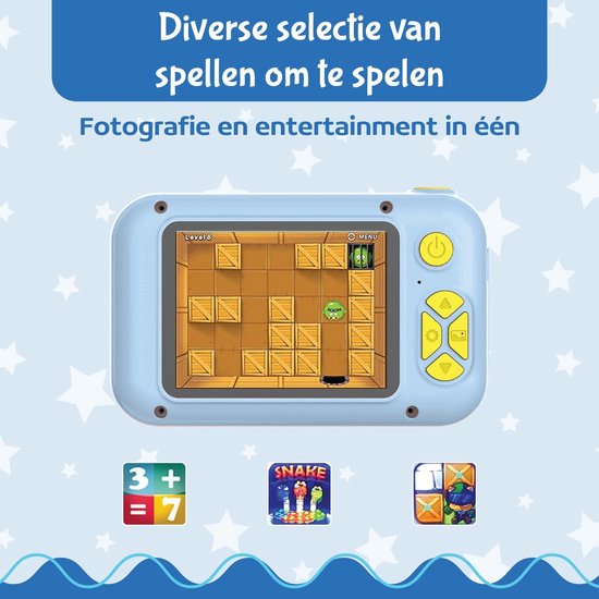 Blauwe digitale camera met spelscherm, illustraties van spellen en tekst: 'Diverse selectie van spellen om te spelen'.