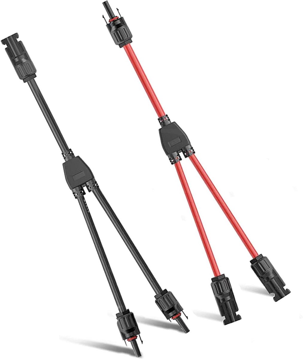 Allecto Plus: Zonnekabel Y-verdeler voor zonnepanelen - paralleladapter voor fotovoltaïsche aansluiting - rood en zwart - 1 tot 2 panelen