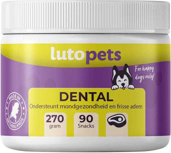 Frisse adem & gezond gebit snacks voor hond - Dental Bright Dog - Voorkomt stinkende adem - Alternatief voor Tandpasta Hond & Tandenborstel - Natuurlijk - 270 gram 90 chews - Woofies