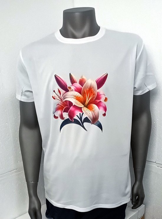 T-shirt Heren en damens recycled polyester maat 3XL wit met hele mooie bloem nr 237