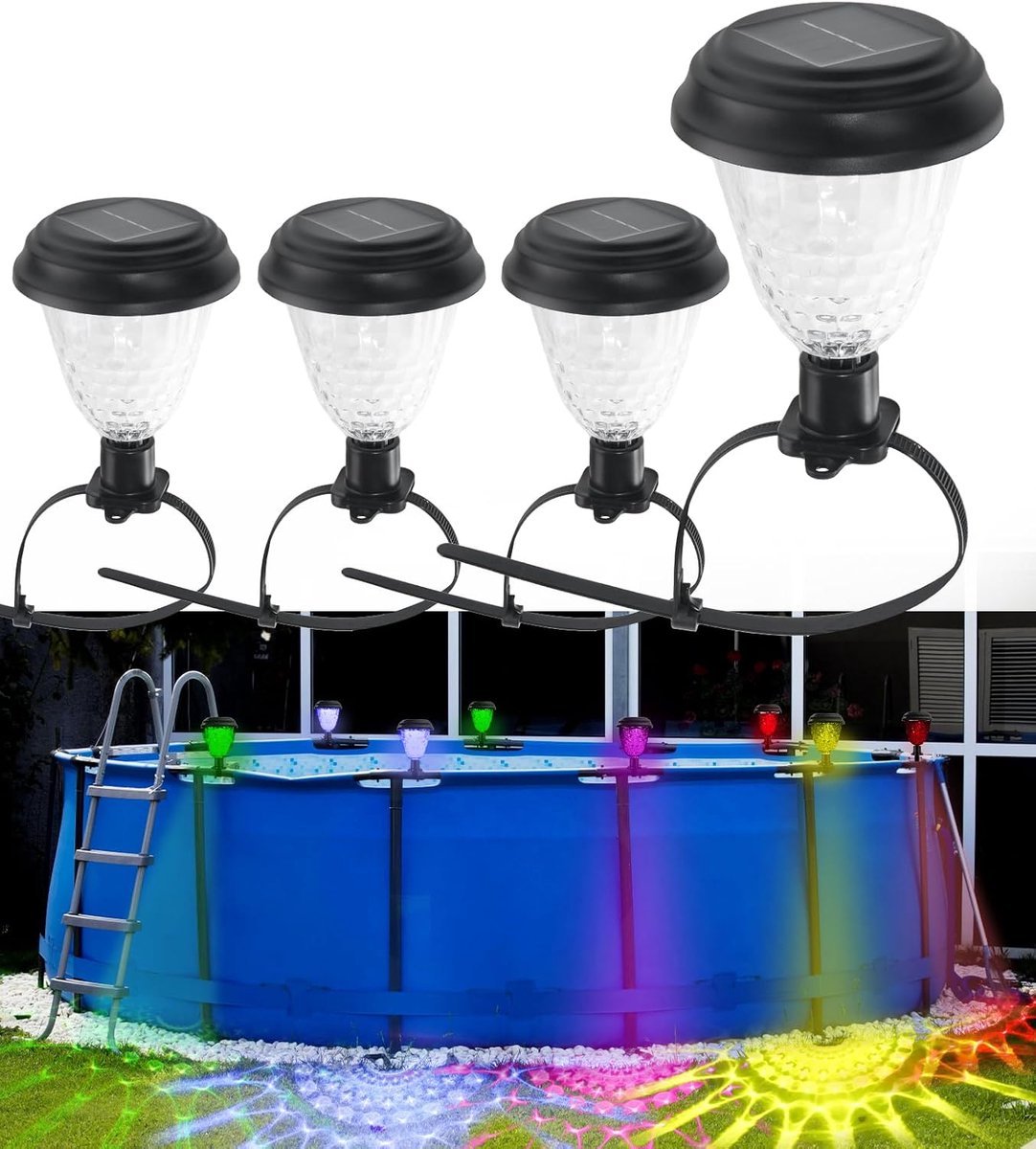 Solar zwembadverlichting – Waterdichte zwembadaccessoires – Energiezuinige LED-kleurige verlichting -Zwembadaccessoires – Zwembadverlichting -Voor zwembadframes en trampolines, leuningen -Voor bovengrondse zwembadframes -Gekleurde verlichting-4 stuks Solar zwembadverlichting – Waterdichte zwembadaccessoires – Energiezuinige LED-kleurige verlichting -Zwembadaccessoires – Zwembadverlichting -Voor zwembadframes en trampolines, leuningen -Voor bovengrondse zwembadframes -Gekleurde verlichting-4 stuks