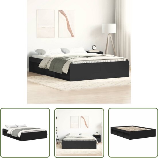 Cadre de lit noir The Living Store 140x200 cm - Cadre de lit moderne - Lit double - Lit Zwart - Lit en bois - Lit avec Compartiments de rangement