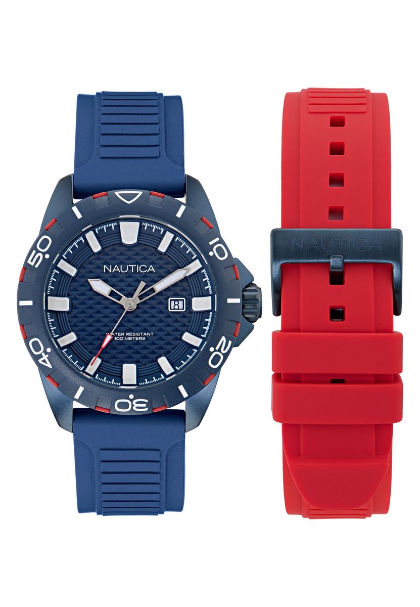 Nautica Nsr Quartz Analoog Horloge Blauw En Rood Kast: 100% Roestvrij Staal. Armband: 100% Siliconen 44 NAPNRS503