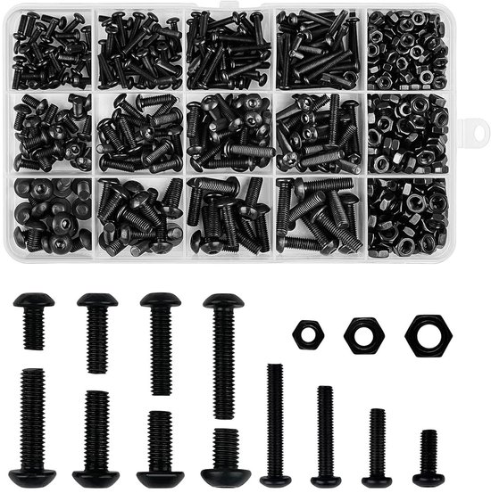 M5 inbusschroeven en moeren en ringen assortimentsset, 164 stuks inbusschroeven, metrische zeskantkop fietsschroeven