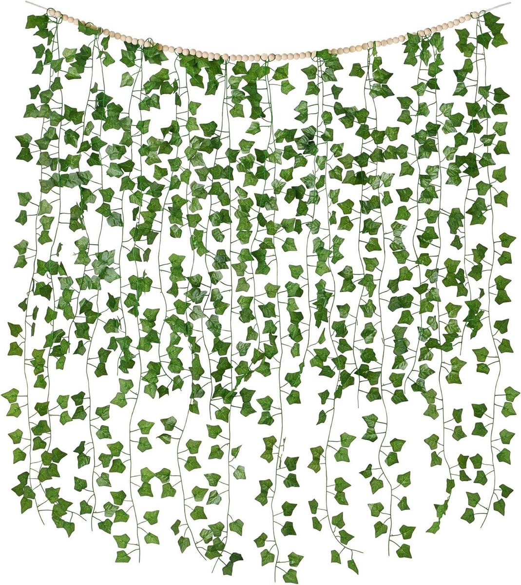 Allecto Premium - Opknoping Kunstplant Bladeren met Houten Kralen en Klimop Garland voor Muurdecoratie in Slaapkamer, Woonkamer en Feestelijke Gelegenheden - Groen - Set voor Kerst en Bruiloft.