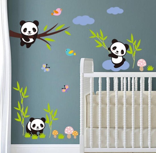 Kinderkamer Muursticker met panda beertjes | Vogels | Planten | Wolken |  bol.com