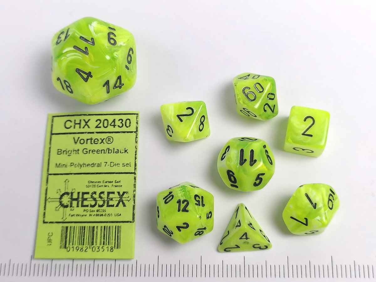 Chessex Vortex Mini-Polyhedral Bright Green/black Dobbelsteen Set (7 stuks)