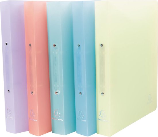 Cinq classeurs Exacompta de couleurs pastel : lilas, pêche, bleu clair, turquoise et jaune.