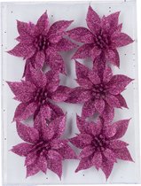 6x stuks decoratie bloemen rozen fuchsia roze glitter op ijzerdraad 8 cm - Decoratiebloemen/kerstboomversiering/kerstversiering
