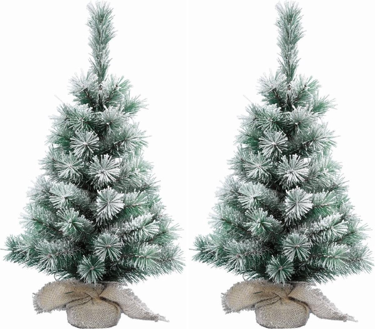 4x Stuks mini kerstboom met sneeuw 35 cm in jute zak - Mini kerstbomen