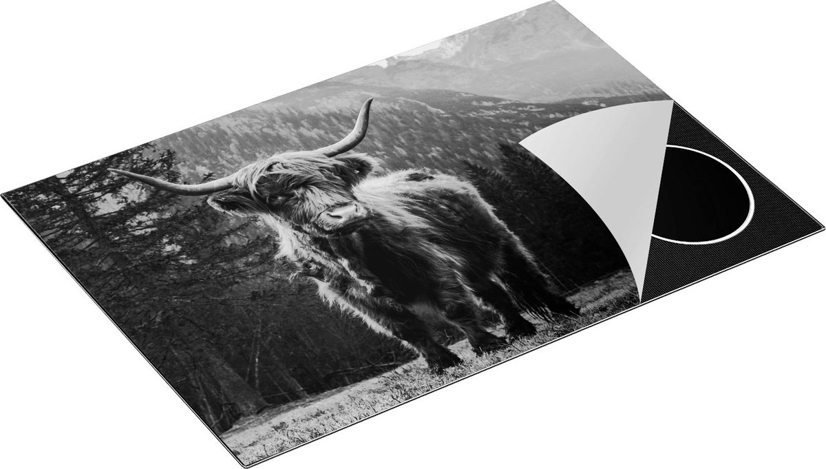 Chefcare Inductie Beschermer Schotse Hooglander Koe in de Bergen - Zwart Wit - 76x51,5 cm - Afdekplaat Inductie - Kookplaat Beschermer - Inductie Mat