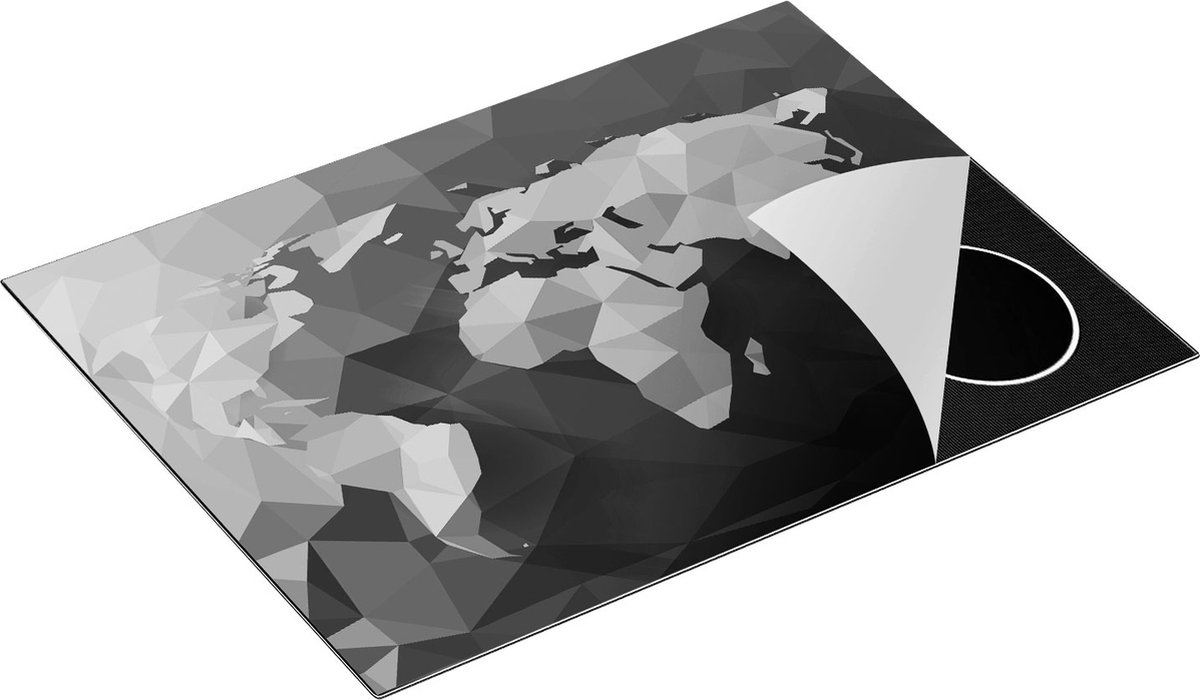 Chefcare Inductie Beschermer Hoekige Origami Wereldkaart - Abstract - Zwart Wit - 70x55 cm - Afdekplaat Inductie - Kookplaat Beschermer - Inductie Mat