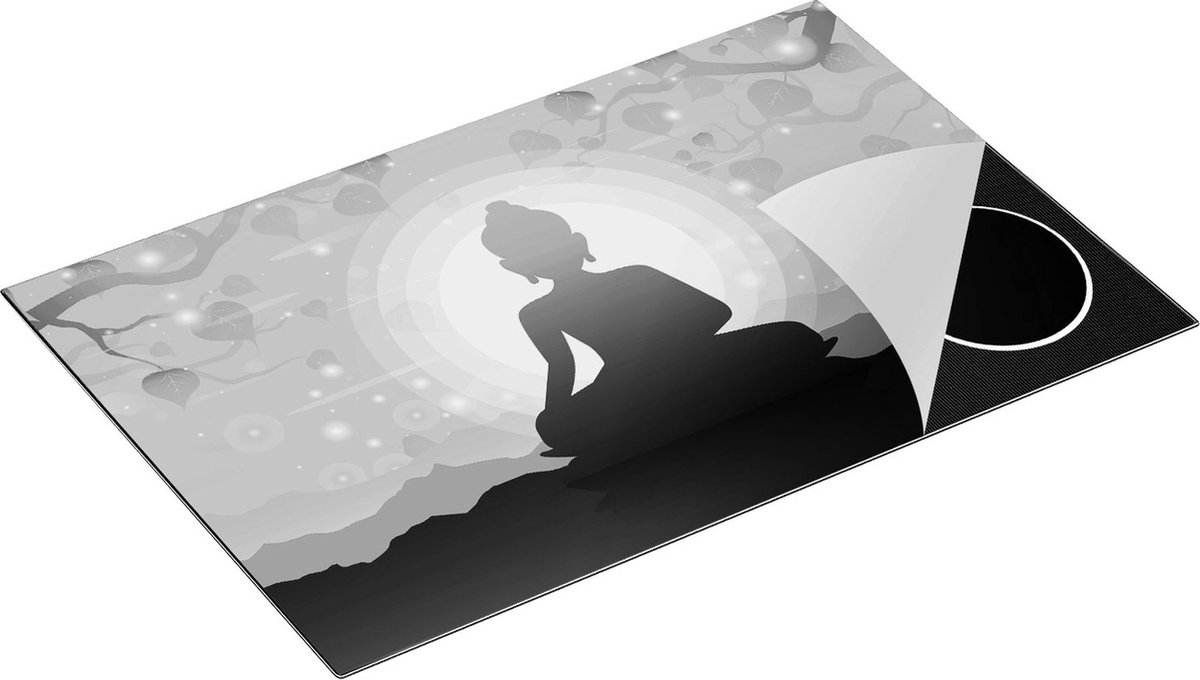 Chefcare Inductie Beschermer Boeddha Beeld onder een Boom - Abstract - Zwart Wit - 80x50 cm - Afdekplaat Inductie - Kookplaat Beschermer - Inductie Mat