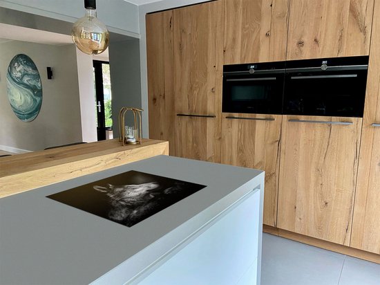 Chefcare Inductie Beschermer Wolvenkop met een Zonnestraal - Wolf - Zwart Wit - 65x55 cm - Afdekplaat Inductie - Kookplaat Beschermer - Inductie Mat