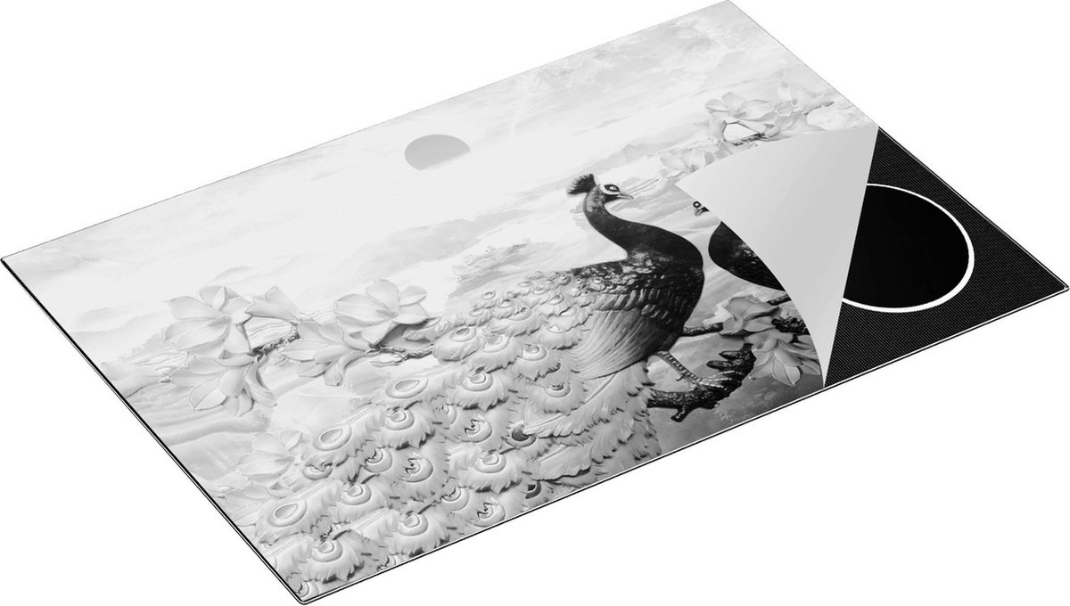 Chefcare Inductie Beschermer Twee Pauwen bij Elkaar met Bloemen - Liefde - Zwart Wit - 80x55 cm - Afdekplaat Inductie - Kookplaat Beschermer - Inductie Mat
