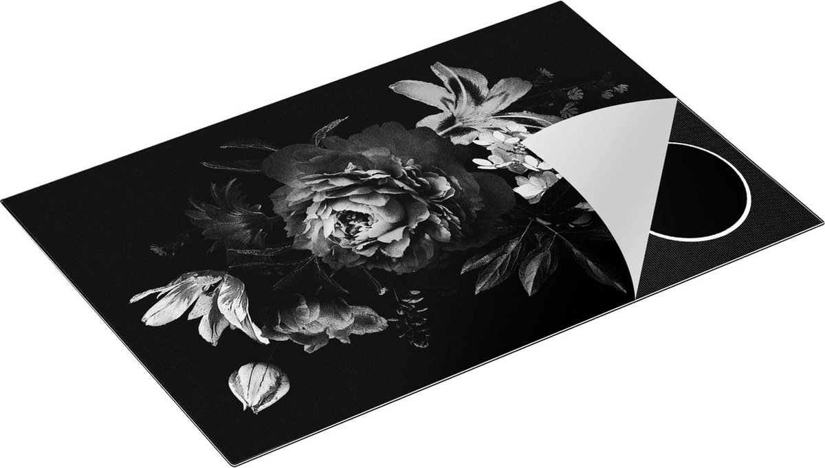 Chefcare Inductie Beschermer Bloemen op een Zwart Achtergrond - Zwart Wit - 83x51,5 cm - Afdekplaat Inductie - Kookplaat Beschermer - Inductie Mat