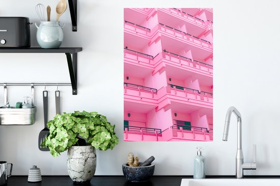 Muurstickers - Sticker Folie - Balkon - Zomer - Roze - Architectuur - 40x60 cm - Plakfolie - Muurstickers Kinderkamer - Zelfklevend Behang - Zelfklevend behangpapier - Stickerfolie
